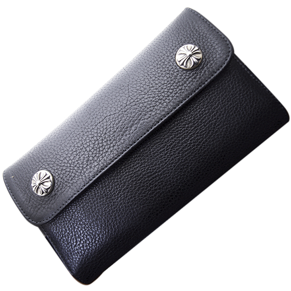 クロムハーツ　CHROME HEARTS　ウェーブ・クロスボタン・ブラック・ヘビーレザー　Wave Wallet Black Heavy  Leather w/Cross Buttons